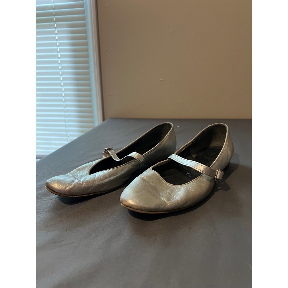Tictactoes Silver Leather Mary Jane Ballet Flats Metallic Dance Shoes Womens 9.5